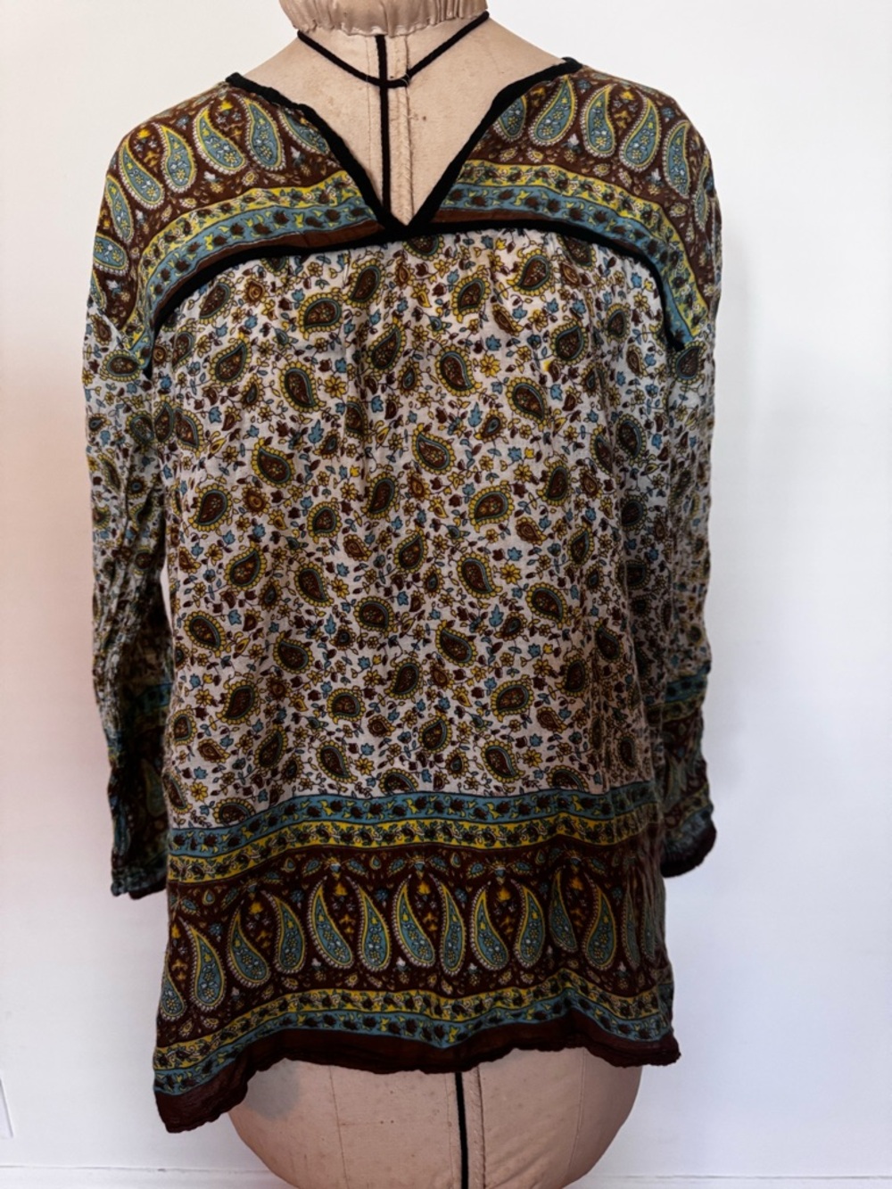 Boho Paisley V-Neck Tunic Blouse in Brown & Teal
